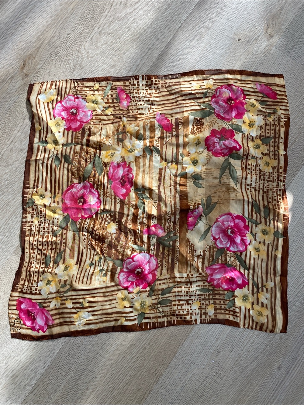 Oscar de la Renta 100% Silk Floral Abstract Square Scarf Brown Pink